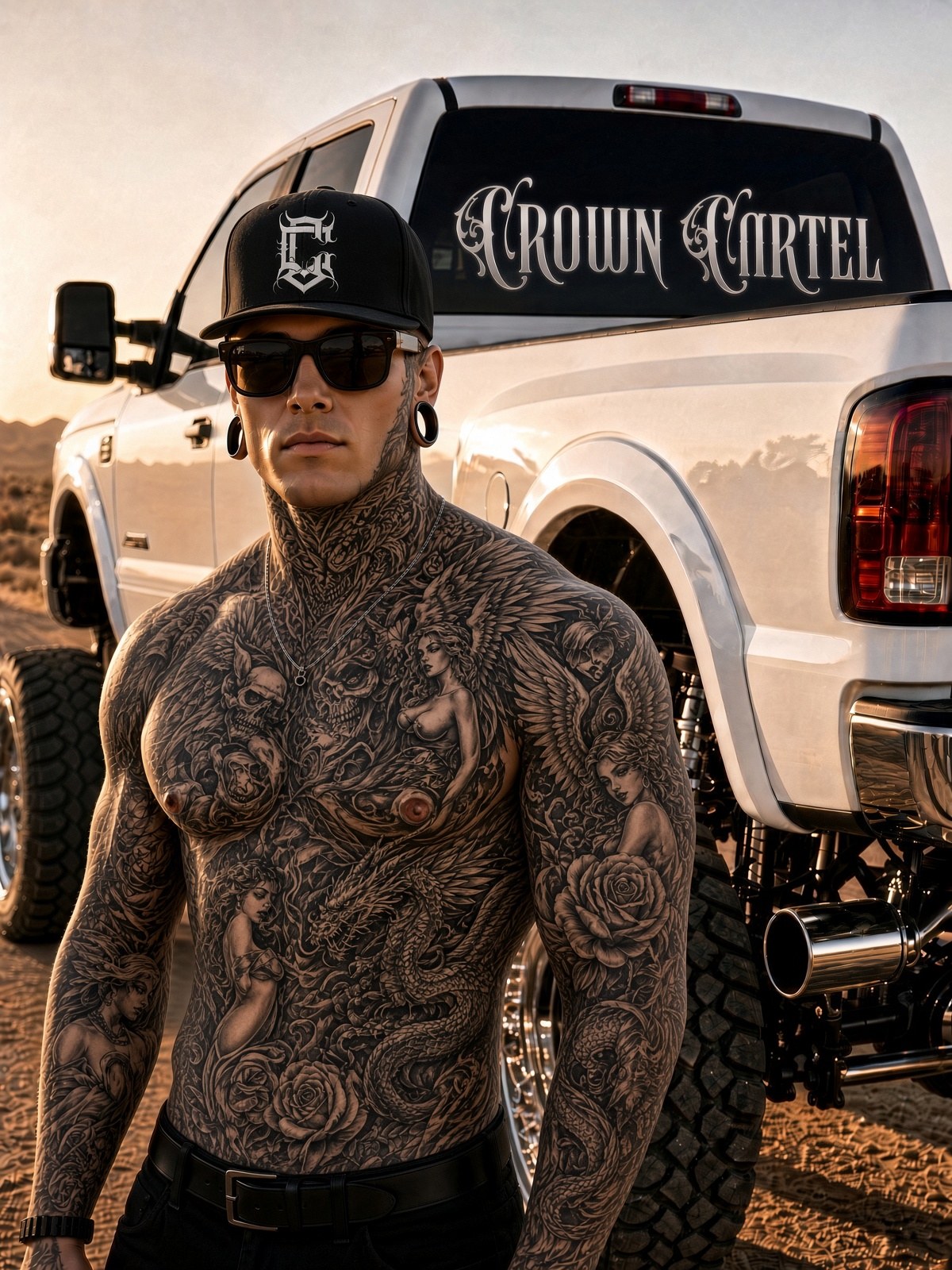 Crown Cartel snapback — desert truck lifestyle, golden hour