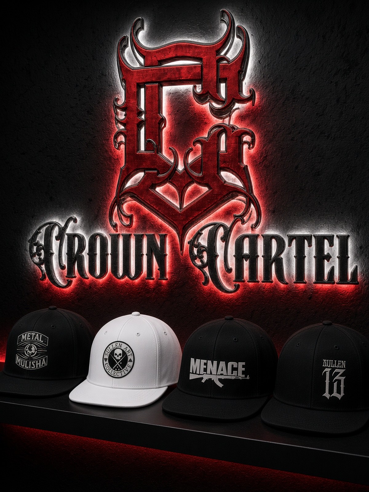 Crown Cartel collection — four snapbacks on the shelf
